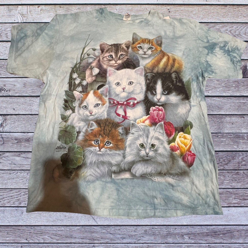 Vintage The Mountain XL Kitten Graphic‎ T-Shirt Womens  Blue Tie Dye USA 2000